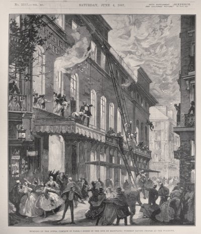 Afbrænding af Opera Comique i Paris, scene i Rue de Marivaux: Brandmænd, der redder mennesker ved vinduerne, fra 